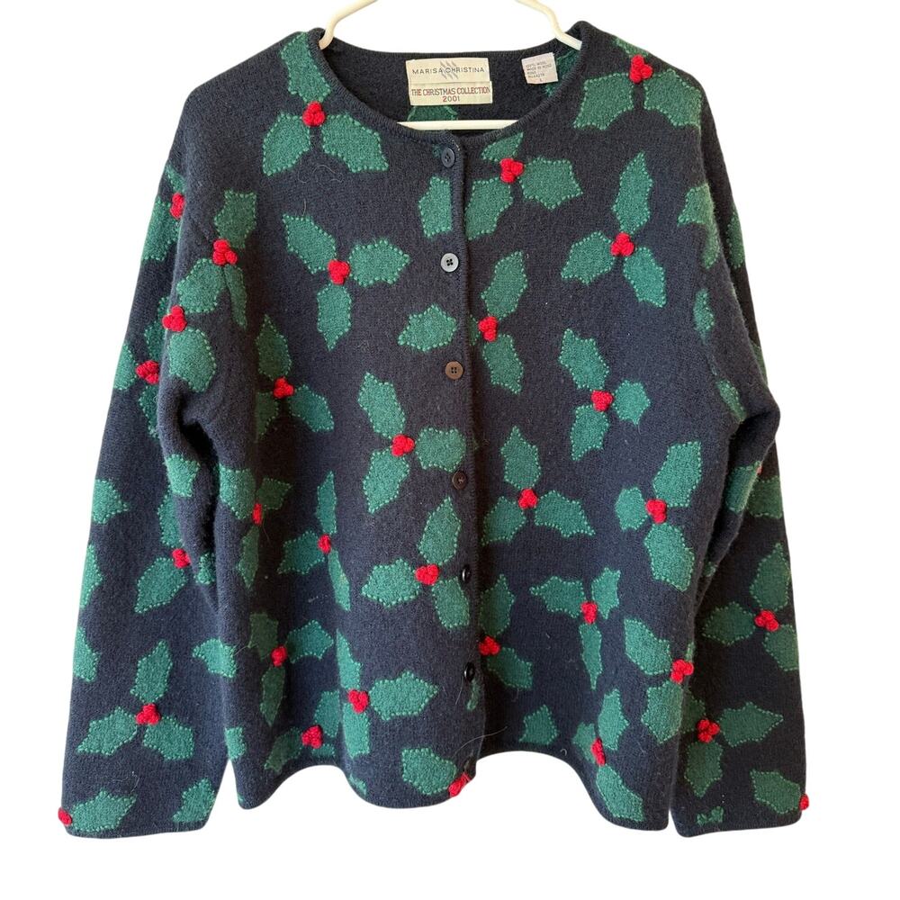 Marisa Chistina Vintage Christmas Cardigan Sweater Blue Large Cottagecore